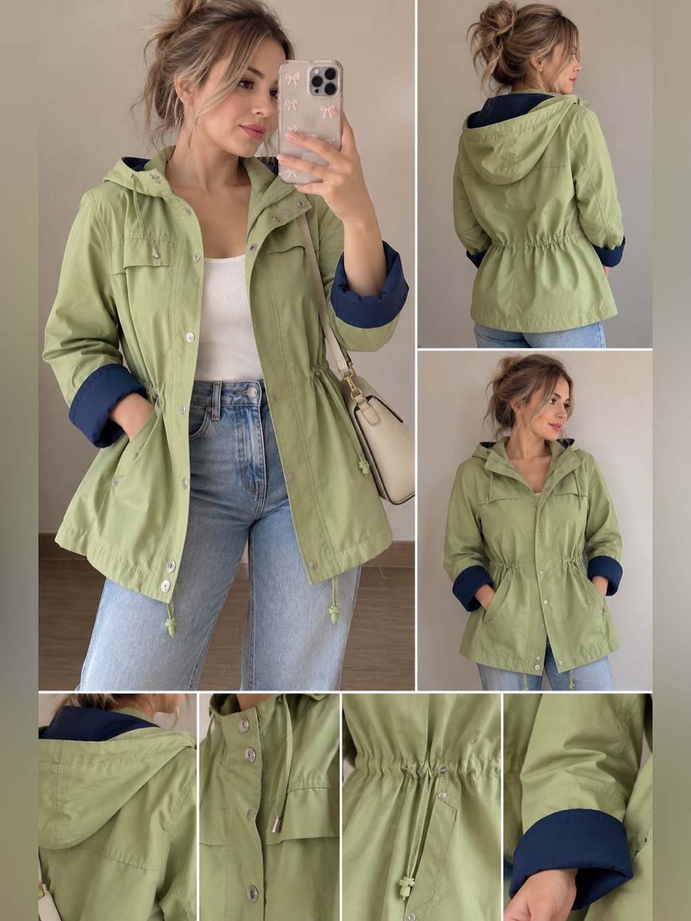 Light Green Hooded Anorak Jacket with Navy Trim
